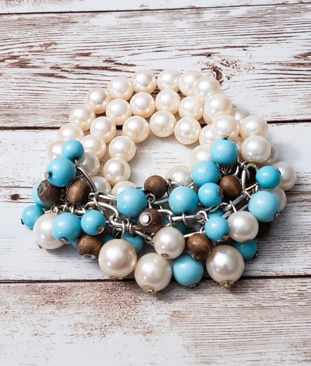 Vintage Bracelet / Bangle - Faux Pearl and Blue & Brown Tones